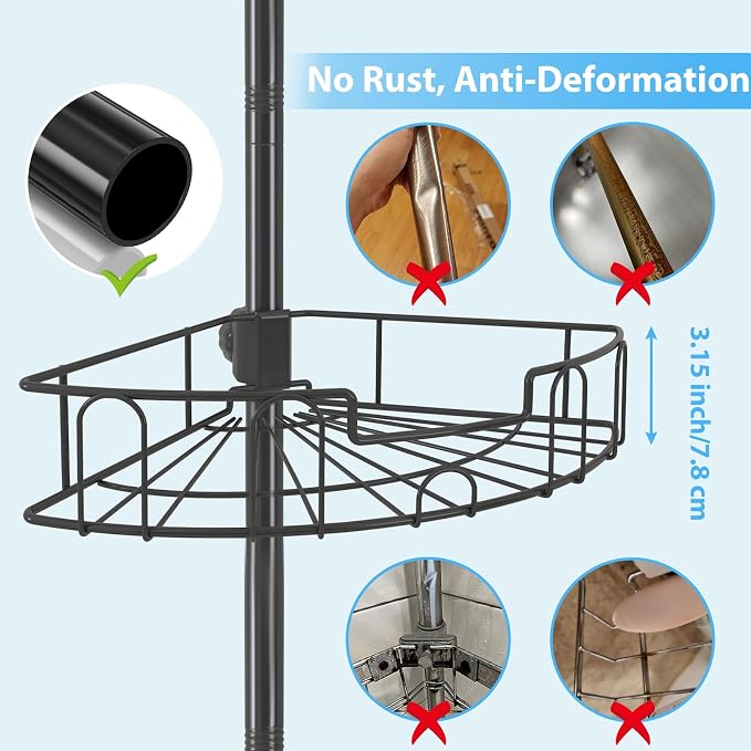 BsBsBest Shower Organizer Caddy - Stainless Steel Shower Shelves Rack, Adjustable Organization And Storage Head Holder, Rustproof Tension Pole, Black - Image 4