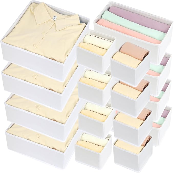 Fordonral 16 Pack Drawer Organizer Clothes, Foldable Fabric Dresser Organizer Closet Organizers and Storage Box for Underwear,Folded Clothes,Baby Clothing,Socks,Bra,Towels,Ties(White) - Image 6