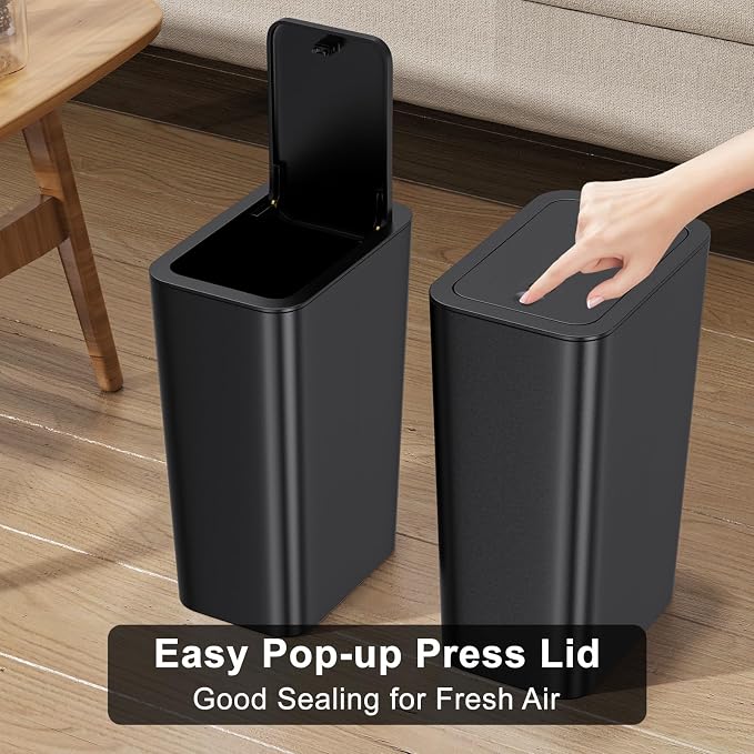 N. NETDOT 3 Pack 10 L/2.6 Gal Bathroom Trash Can with Lid, Small Kitchen Trash Bin with Press Type Lid, Black Trash Can/Slim Garbage Cans/Trash Bin/Waste Basket for Bathroom,Kitchen,Office,Bedroom - Image 4