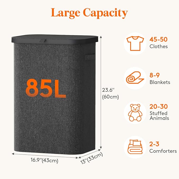 Lifewit 85L Large Laundry Basket with Lid, Laundry Hamper with Plastic Handles and Removable Bag, Foldable Tall Dirty Clothes Hampers for Laundry for Laundry Room, Bedroom, Bathroom, Dorm, Dark Gray - Image 3