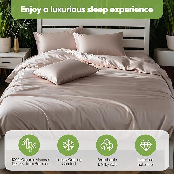 TWK Luxury Sheet Set, Genuine 100% Organic Viscose Derived from Bamboo, Cooling & Breathable, Silky Soft, Bedding Sheets & Pillowcases (Sand, Queen)
