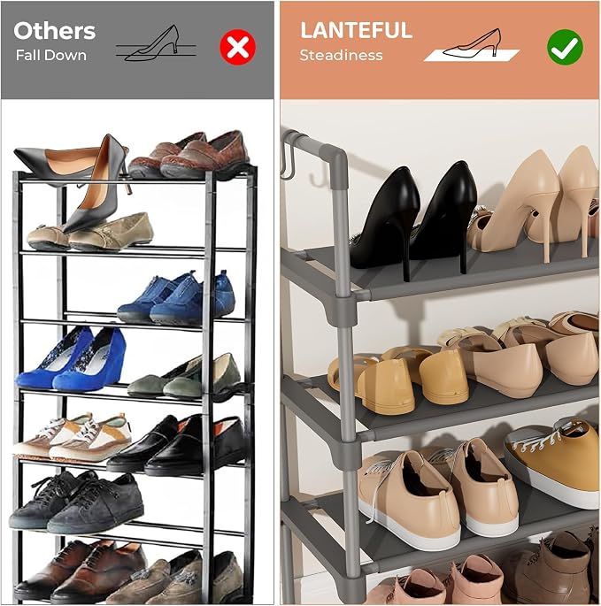 LANTEFUL 3 Tier Shoe Rack for Closet, Shoe Organizer with 5 Hooks, Long Shoe Shelf Storage for Shoe and Boot Stackable Free Standing Shoe Rack for Entryway, Garage, Small Spaces, Dorm, Grey - Image 6