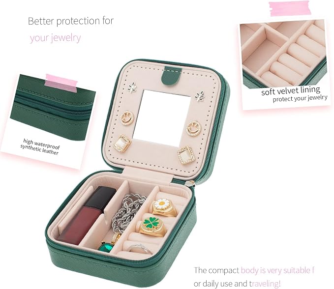 KElofoN Travel Jewelry Case with Mirror - Small Organizer Box for Girls & Women (Green-5) - Image 6