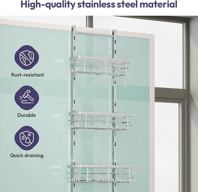SWTYMIKI Over The Door Shower Caddy - 4 Tier Rustproof Hanging Shower Organizer with Adjustable Shelves, 40 Hooks & Soap Holder, Hanging Shower Rack Storage for Bathroom Accessories, Silver - Image 4