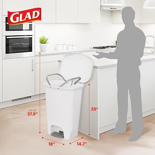Glad 13 Gallon Trash Can | Plastic Kitchen Waste Bin with Odor Protection of Lid | Hands Free with Step On Foot Pedal and Garbage Bag Rings, 13 Gallon, White - Image 2