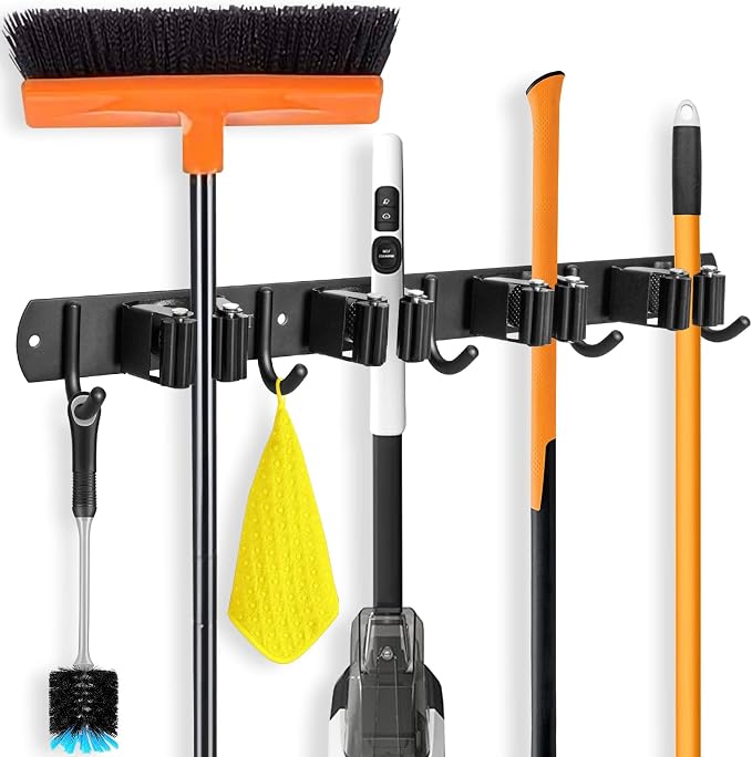 IMILLET Broom and Mop Holder Wall Mounted, Stainless Steel Broom Organizer Heavy Duty Tools Organizer Self Adhesive Mop Holder for Home Laundry Room Garage Garden (4 Racks and 5 Hooks) by IMILLET