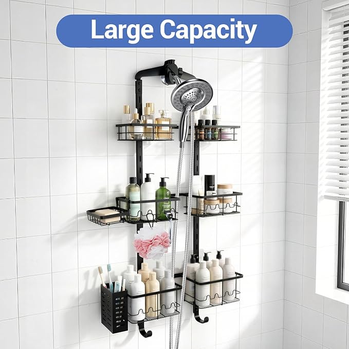 Extra Large Shower Caddy Hanging, Rust-Resistant Shower Organizer Hanging, 3 Tier Height-Adjustable Over the Head Caddy, Rack with Soap Basket (Black) - Image 2