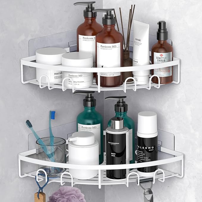 Corner Shower Caddy, 2 Pack Adhesive Bathroom Shower Corner Organizer Shelf, No Drilling Rustproof Wall Mounted Shower Storage Rack Shampoo Holder Organizer (White) by Kerisgo