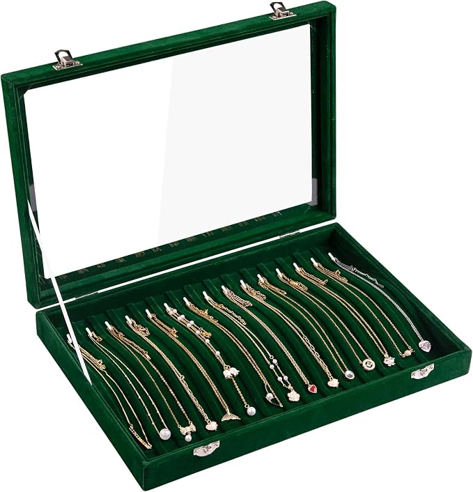 Frebeauty 15 Hooks Necklace Tray Velvet Neckalce Organizer with Clear Lid Lockable Necklace Holder Box Jewelry Organizer for Pendants Chains Necklace Jeweley Tray for Women Girl (Blackish Green) by Frebeauty