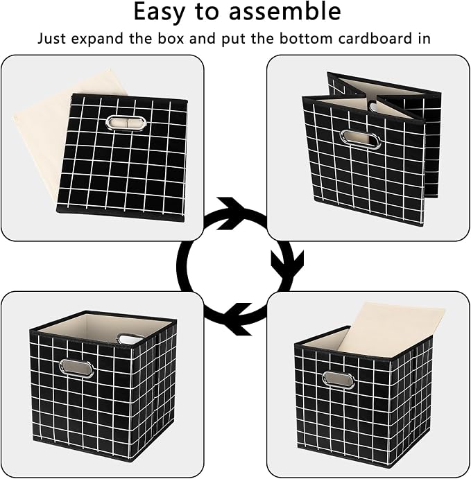 Yunkeeeper storage bins Cubes, Fabric Cube Organizer with Handle, Foldable Cube Bins for Cloth or Accessary Storage, 11x11x11, Set of 3,(Black grid) - Image 6