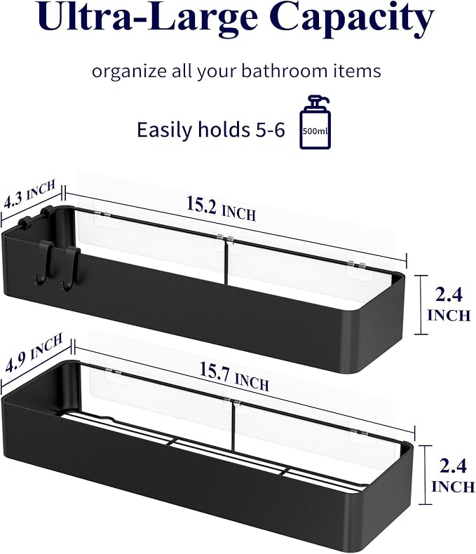Kitsure Shower Caddy - 2 Pack Adhesive Shower Organizer, Rustproof Metal Shelves, No-Drill Bathroom Organizers and Storage, Black, XX-Large - Image 2