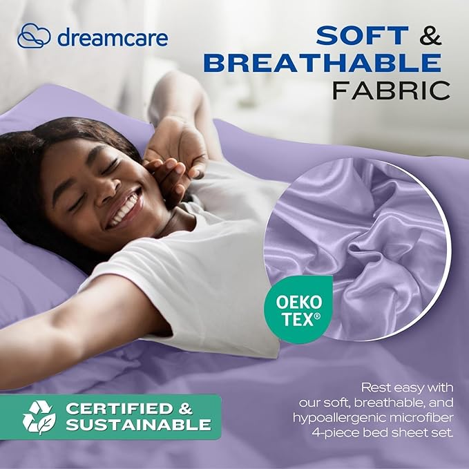 DREAMCARE Twin XL Sheet Sets - 4 pcs Breathable Cooling Bed Sheets - up to 15" Deep Pocket Twin XL Sheets Set with Side Pockets - Extra Soft 100% Brushed Hypoallergenic Hotel Luxury Bedding - Lavender