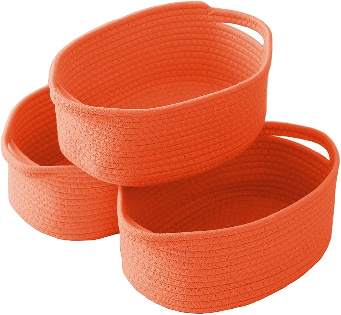 JMvicyroam Woven Basket,Small Rope Storage Bin with Handles & Ribbon Bag, Organizer for Shelves Closets,Gift Basket Empty for Birthday,Books,Dog Toys,Orange/3 Pack by JMvicyroam