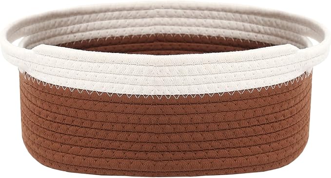 JMvicyroam Woven Basket,Small Rope Storage Bin with Handles & Ribbon Bag, Organizer for Shelves Closets,Gift Basket Empty for Birthday,Books,Dog Toys, White&Brown by JMvicyroam