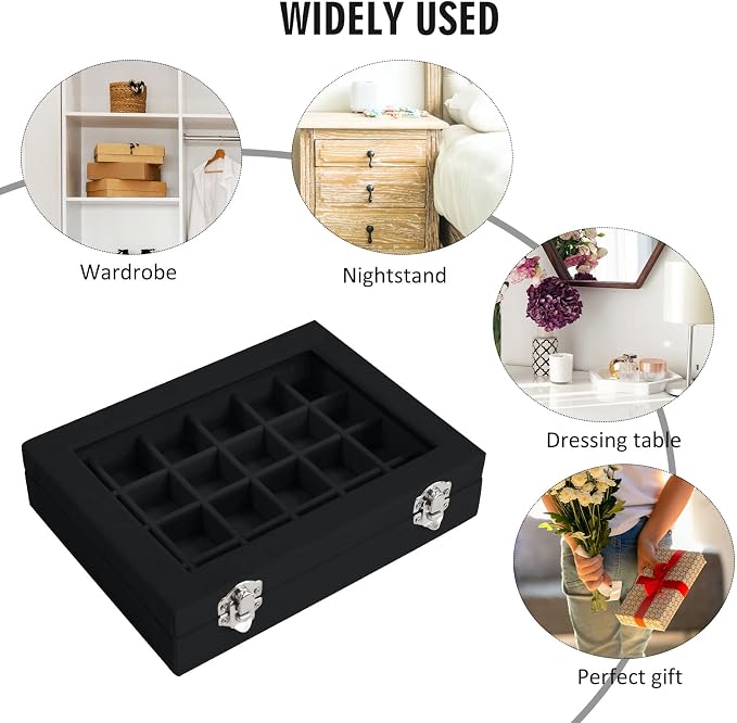 Vicoter Velvet Jewelry Box 24 Grid Jewelry Ring Display Organiser Box Tray Holder Earrings Storage Case for Girls Wife Mom Women (Black) - Image 6