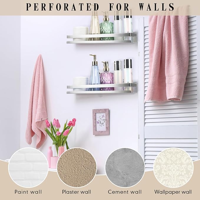 Lallisa 2 Pieces Stainless Steel Shelf Bathroom Shower Floating Shelves Wall Mounted Shower Caddy Basket Shelf Storage Organizer Shelves for Bathroom, Kitchen, Living Room(11.81 Inch/ 30 cm,Silver) - Image 7