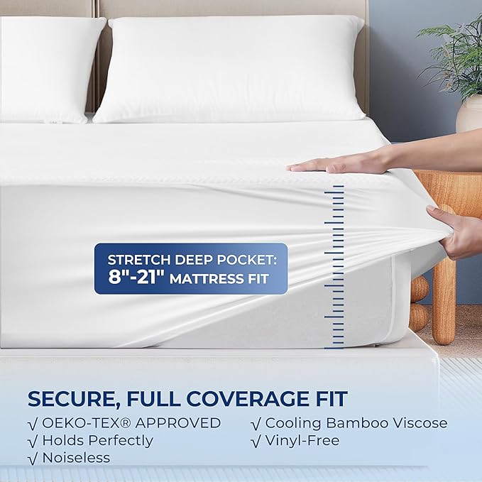 TASTELIFE Twin Bed Protector Waterproof, Ultra Soft Breathable Mattress Cover with Deep Pocket Fitted Up to 8”-21”, Noiseless Washable Bed Mattress Pad for Comfort & Protection - White