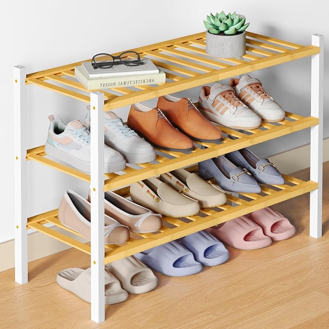 Smiry Bamboo Shoe Rack for Closet, 3 Tier Wooden Stackable Shoe Organizer, Free Standing Shoes Storage Shelf for Entryway, Front Door Entrance, Natural & White by Smiry