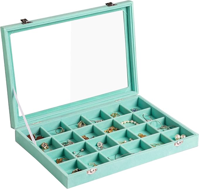 Frebeauty Velvet Jewelry Tray,24 Grid Jewelry Organizer with Clear Lid,Earring Holder Organizer with Clasp,Drawer Insert Rings Pendants Brooches,13.8 x 9.5 x 2 Inches,Gift for Women Girls(Turquoise) by Frebeauty