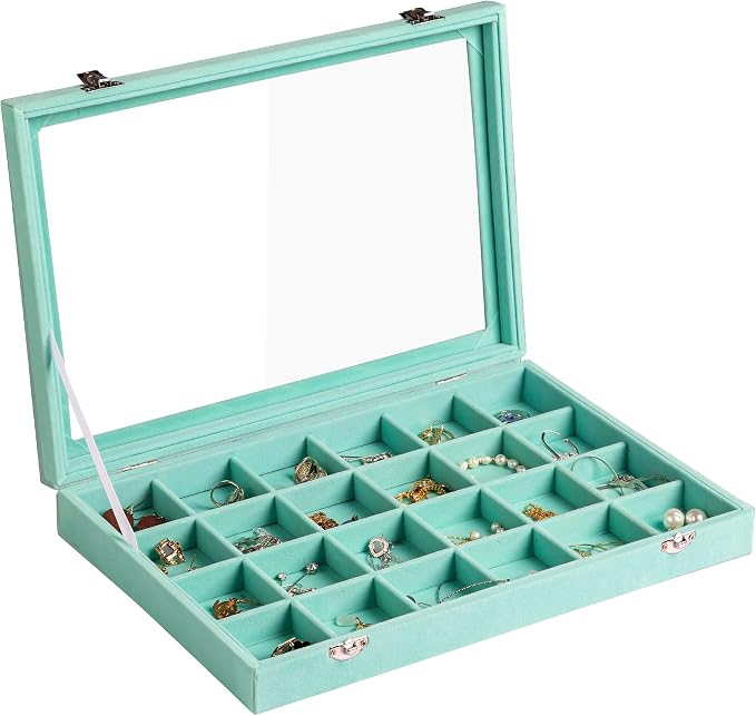 Frebeauty Jewelry Organizer Tray with Clear Lid 24 Grid Velvet Drawer Insert Jewelry Storage box with Transparent Glass lid Jewelry Display Case with Lock Gifts for Girls Women (Turquoise, 24 Grid) by Frebeauty