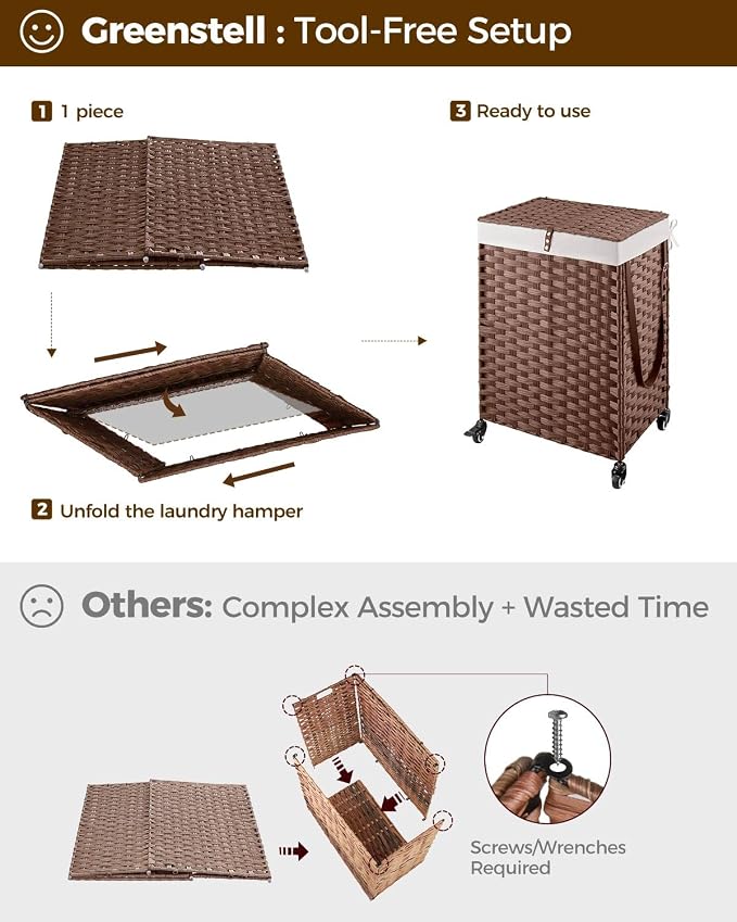 Greenstell Laundry Hamper with Wheels, No Install Needed, 90L Divided Handwoven Hampers & 2 Removable Liner Bags, Synthetic Rattan Clothes Laundry Basket with Lid & Handles, Foldable Hampers Brown - Image 8