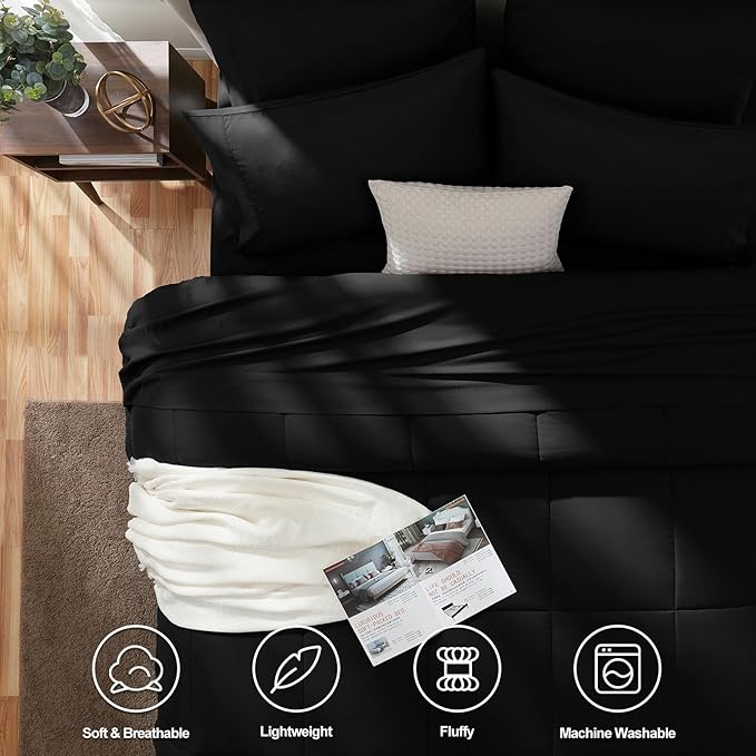 CozyLux Oversized Queen Comforter Sets Black, 7 Pieces Bed in a Bag, Ultra-Soft All Season Bedding Sets with Stitch Quilted Comforter, Flat Sheet, Fitted Sheet, Pillowcases