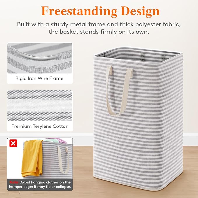 Lifewit 2 Packs Freestanding Clothes Hamper with Carry Handles, Large Tall Laundry Basket for Organization for Adults in Laundry Room Dorm Bedroom, Gray, 2 x 75L - Image 4