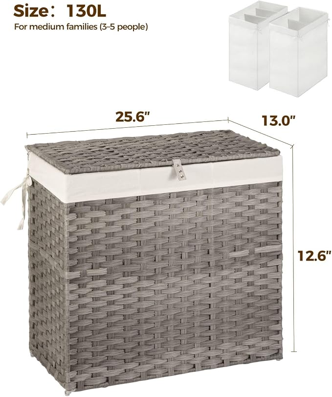 GREENSTELL Laundry Hamper with Wheels&Lid, 130L Large 3 Sections Clothes Hamper with 2 Types Removable Liner Bags, 5 Mesh Laundry Bags, Handwoven Divided Laundry Basket Gray - Image 5