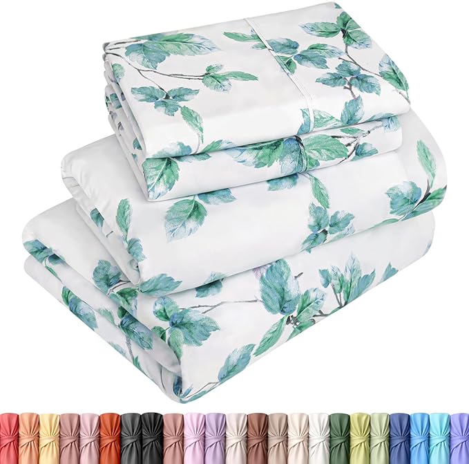 Utopia Bedding Queen Sheet Set, Soft Microfiber 4 Piece Bed Sheets with 15" Deep Pocket - Easy Care Brushed Microfiber (Leaves Mint - Green)
