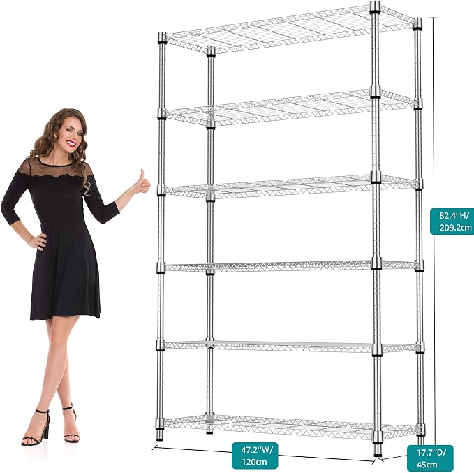 M MZG 2100LBS 47.2" W 6 Tiers Shelf Storage Shelves Metal Shelving Unit Heavy Duty Garage Shelving Adjustable Wire Shelves for Pantry,Kitchen,Garage,Basement,Chrome 17.7" D x 47.2" W x 82.4" H - Image 3