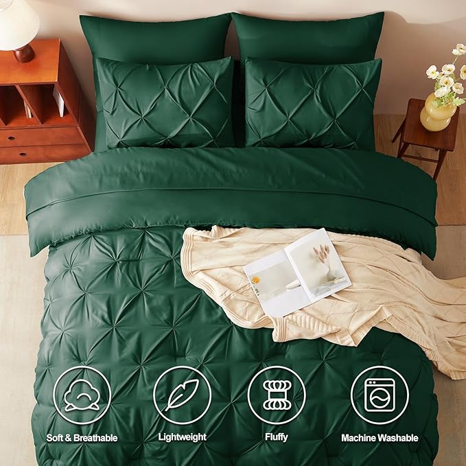 CozyLux King Size Comforter Set Emerald Green, 7 Pieces Pintuck Bed in A Bag Green Comforter King Size, Pinch Pleat Bedding Set with All Season Comforter, Sheets, Pillowcases & Shams
