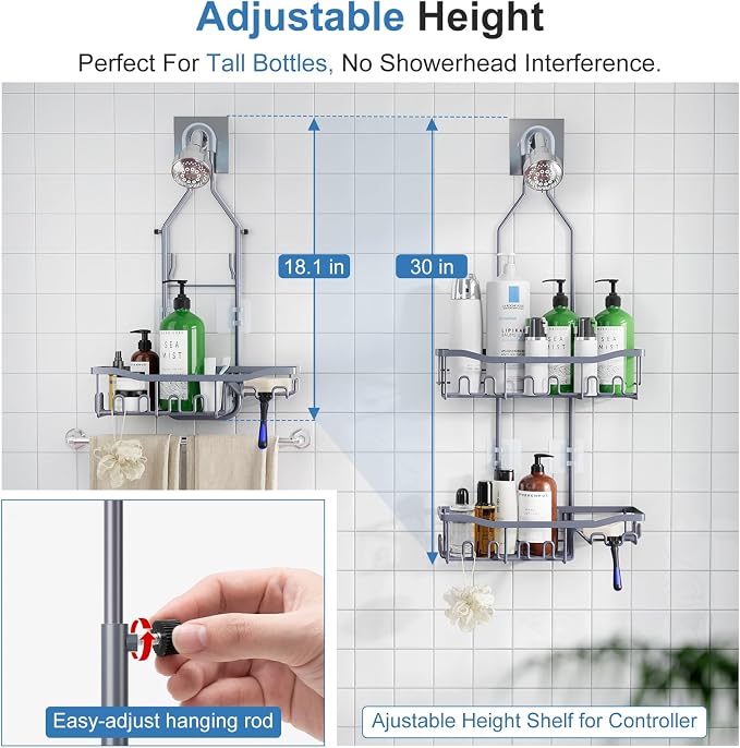 Shower Caddy, Upgraded Extended Length Shower Caddy Over Showerhead No Blocking to Showerhead, Rustproof Bathroom Organizers and Storage with Hooks Shampoo Soap Holder, Large Hanging Caddy - Image 3