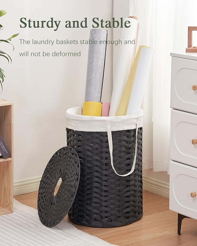 SETVSON Laundry Hamper with Lid Laundry Basket with Lid 19.0 Gal (72 L) Round Wicker Laundry Basket Handwoven Rattan Basket with Lid Removable Bag 2 Mesh Bags Handles for Living Room Bathroom Black - Image 6