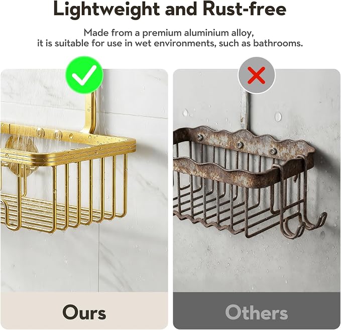 Shower Caddy Hanging, Shower Organizer Hanging, Aluminum Shower Racks for Inside Shower with Hooks for Razor, Never Rust Bathroom Organizers and Storage with Soap Holder, Gold - Image 5