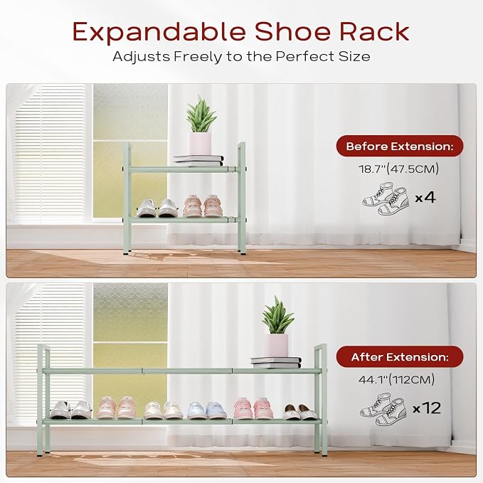 Bumusty 2-Tier Long Expandable Shoe Rack for Closet, 18"-44" Adjustable Shoe Rack for Entryway, 10-12 Pairs Large Shoe Organizer Shelf Storage, Sturdy Metal, Green - Image 4