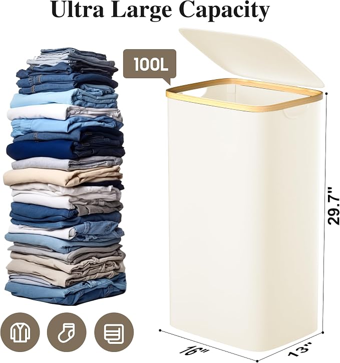Foluck Large Laundry Hamper, 100L Waterproof Laundry Basket with Lid and Removable Bag, Collapsible Tall Clothes Hamper with Bamboo Handles for Clothes Toys in Dorm Bedroom Bathroom, Beige - Image 2