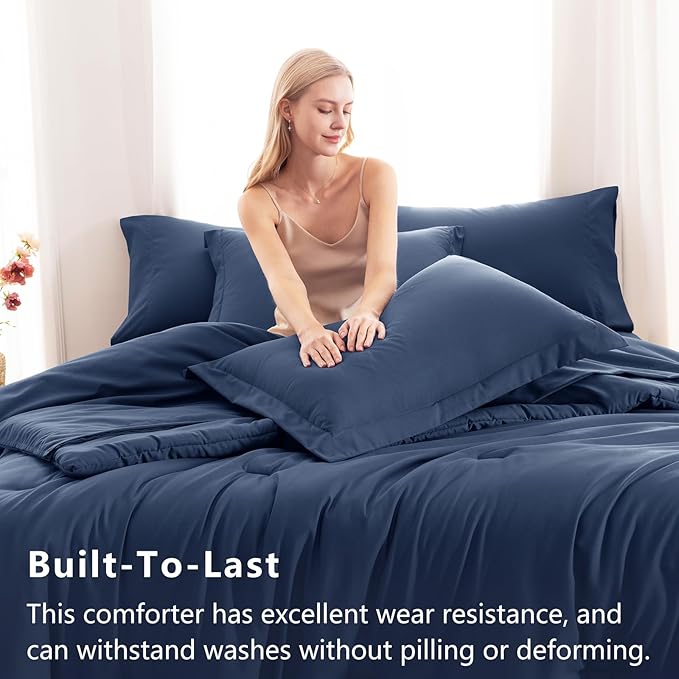 CozyLux Queen Comforter Set Navy Blue, 7 Pieces Bed in a Bag Queen Comforter Set with Sheets, Luxury Soft Bedding Sets with Down Alternative Comforter, Fitted Sheet, Flat Sheet, Pillowcases & Shams