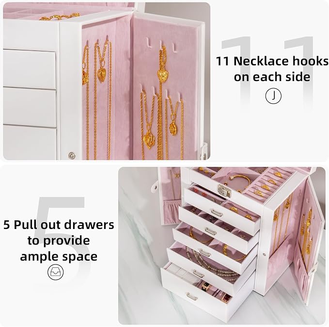 Large Jewelry Box,5-Tier PU Leather Jewelry Organizer with Lock,Multi-functional Storage Case with Mirror,Jewelry Organizer for Bracelets, Earrings, Rings, Necklaces, Mothers Day (CREAM) - Image 5