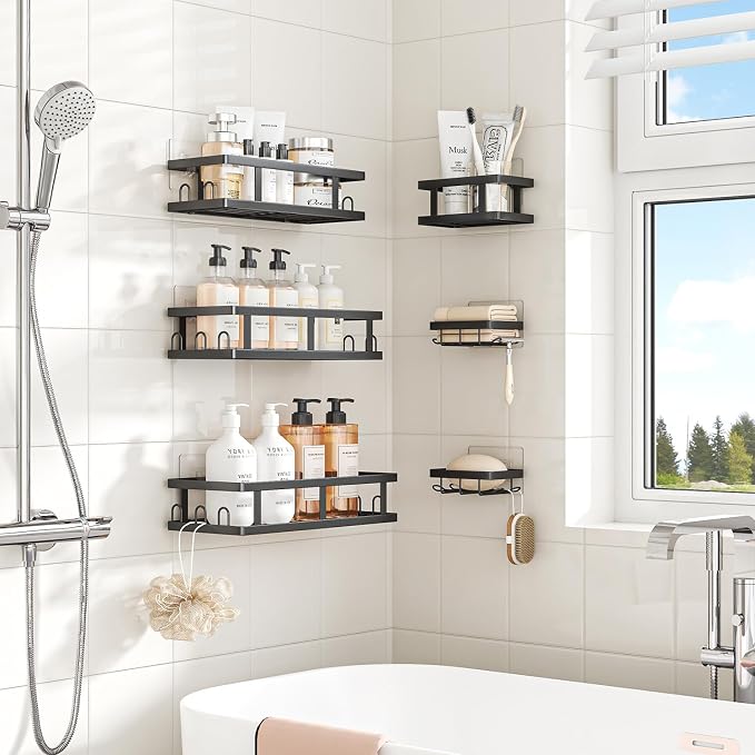 Youvip Shower Caddy 6 Pack, Adhesive Shower Shelves with Soap Holder, No Drilling Rustproof Large Capacity Bathroom Organizers and Storage, Black - Image 2
