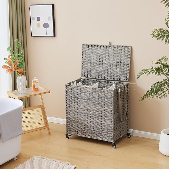 Laundry Hamper with Wheels, 39.6 Gallon(150L) Rolling Laundry Basket with Lid, 3-Section Rattan Clothes Hamper with 3 Removable Liner & 3 Mesh Bags, Laundry Sorter with Side Pocket, Grey - Image 3