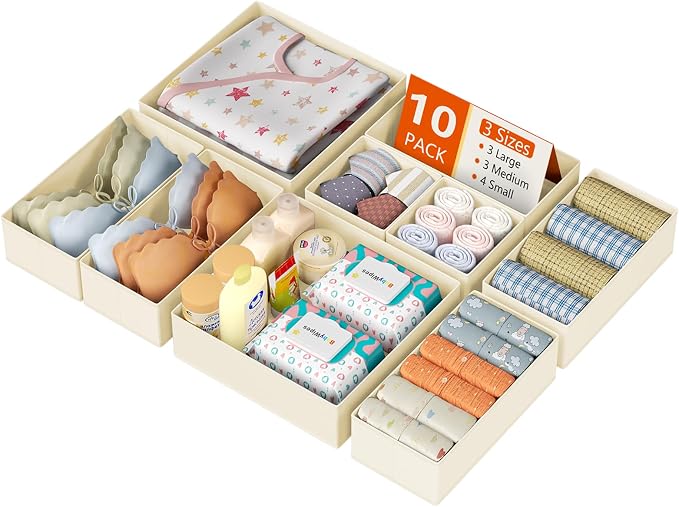 DIMJ Drawer Organizer Clothes 10 Pack - Foldable Baby Organizers and Storage & Dresser Organizer for Bedroom, Closet - Nursery Organization Dresser Dividers for underwear, Sock,Bra, Belt, Tie, Beige by DiMJ