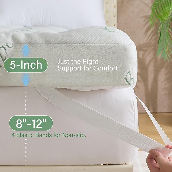 WhatsBedding 5 Inch Memory Foam Mattress Topper Queen Size for Back Pain Relief, with Cooling Breathable Bamboo Viscose Air Layer, Soft Pillow Top Mattress Topper, 80x60x5in