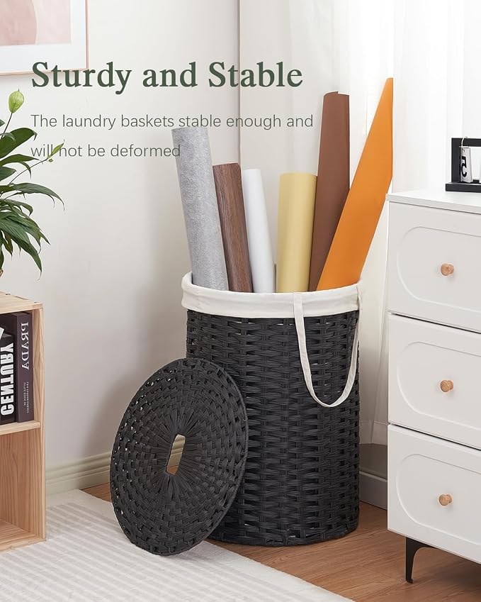 SETVSON Laundry Basket with Lid Round Rattan Laundry Hamper with Lid and Handles 29.1 Gal (110 L) Handwoven Woven Basket with Removable Bags and 2 Mesh Bags for Bathroom Living Room Black - Image 6