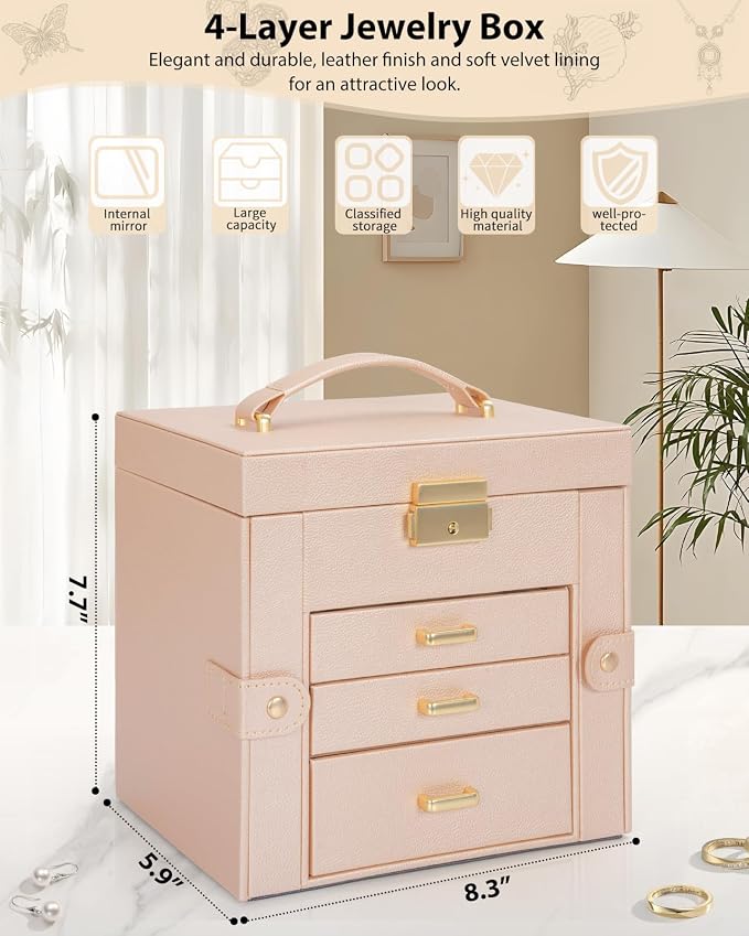 AKOZLIN 4-Tier Jewelry Box Leather Jewelry Storage Organizer with 3 Drawers Lockable for Women Girls Ring Necklace Earring Bracelet Holder with Mirror Champagne - Image 2