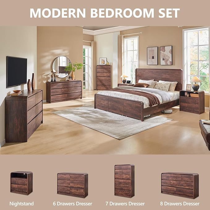 Aitjunz Modern 5 Drawers Dresser for Bedroom, 45" Tall Dressers & Chests of Drawers w/Curved Profile Design, Wood Mid Century Vertical Dresser w/Natural Texture for Bedroom, Living Room, Brown