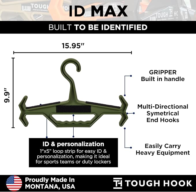 Tough Hook ID MAX Heavy Duty Identification Hanger, USA Made 200 Lb Cap, Plate Carrier, Tactical Gear,Scuba BCD, Anti-Slip Wetsuit & Body Armor Organization System with 3 ID Loop Strips 1 Pack FOLIAGE - Image 2