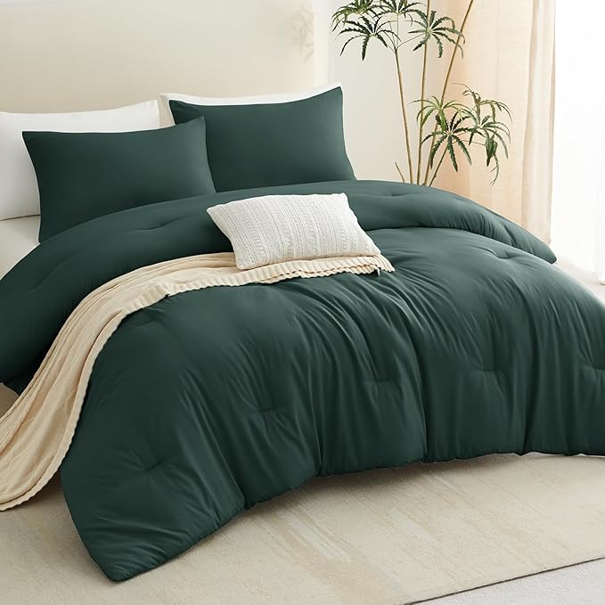 CozyLux California King Comforter Set Forest Green, 3 Pieces Cal King Solid Breathable Bedding Sets All Seasons, Luxury Soft Lightweight Bed Set with Down Alternative Comforter and 2 Pillowcases