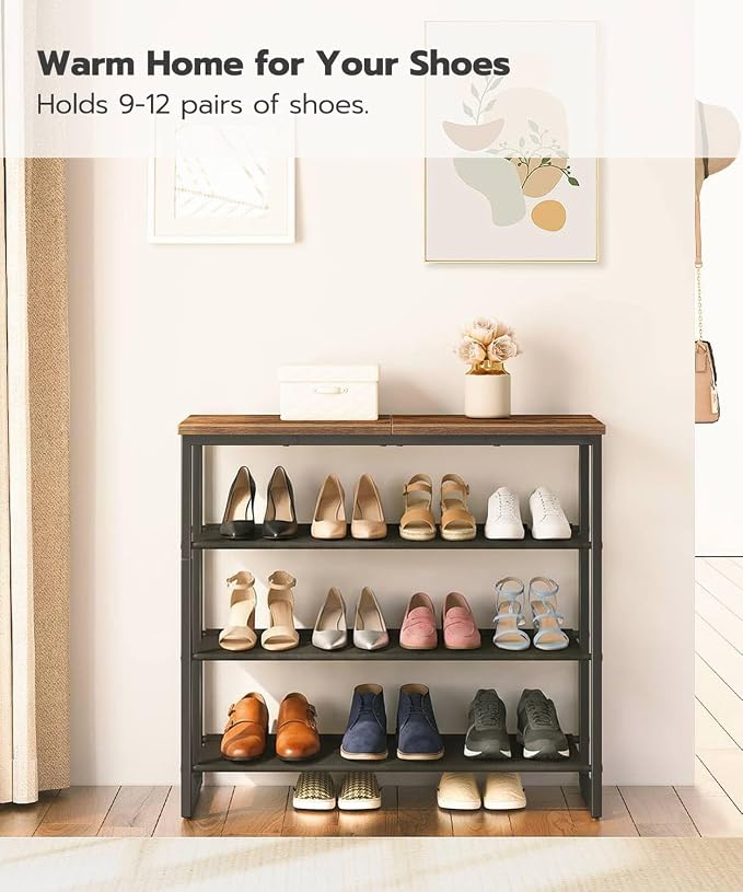 HOOBRO Shoe Rack, 4 Tier Shoe Storage Organizer with 3 Oxford Fabric Shelves and Top Panel, Holds 12-16 Pairs of Shoes for Entryway and Closet, Industrial, Rustic Brown BF47XJ01G1 - Image 4