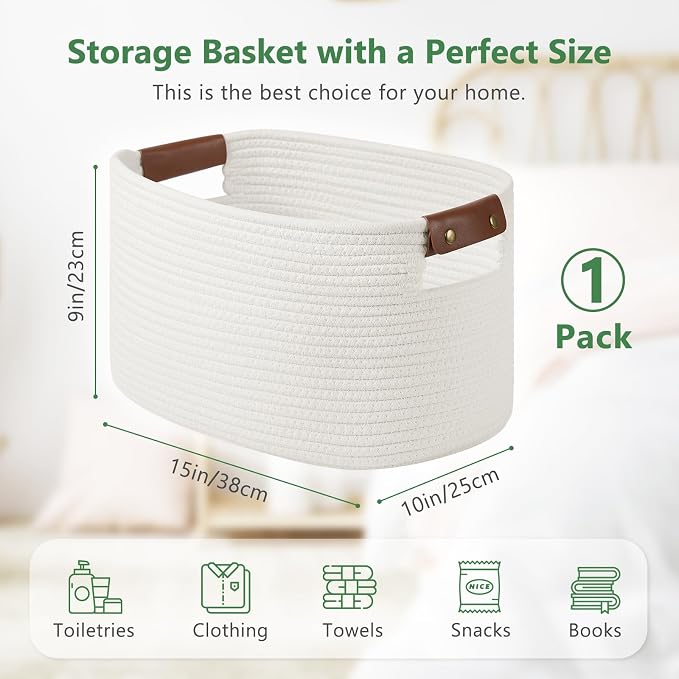 ECDYQXVU Cotton Rope Basket, Storage Baskets with Handle, 15x10x9 Inch Woven Basket for Shelves, Laundry, Towels, Clothes, Books (White 1Pack) - Image 3
