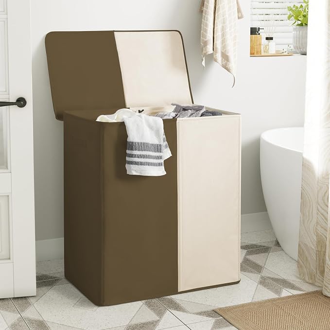 WOWLIVE Double Laundry Baseket with Lid and Removable Laundry Bags,154L Large Laundry Hamper 2 Section Collapsible Dirty Clothes Hamper for Laundry Room,College Dorm,Bathroom,Brown and Beige - Image 3